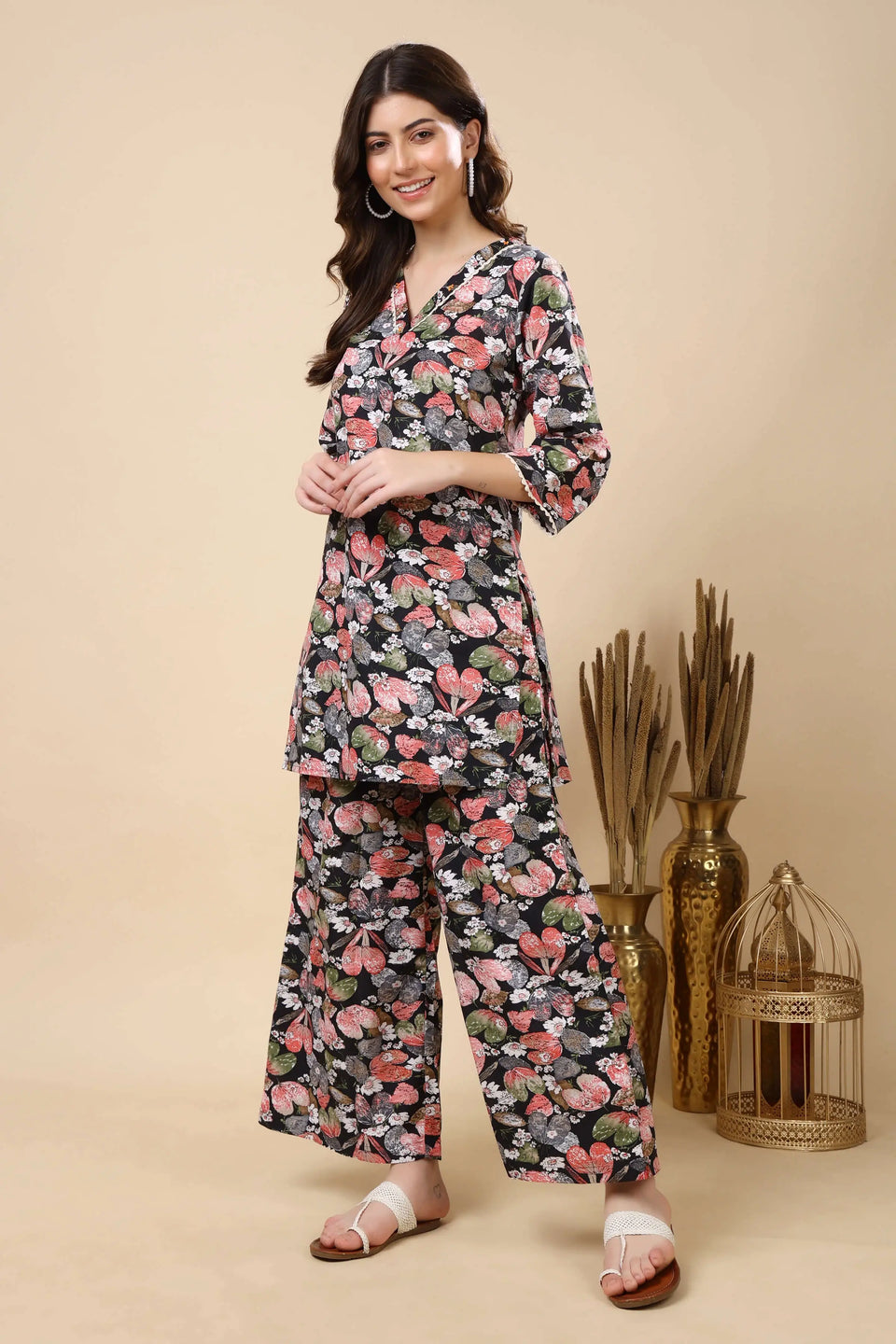 Black Floral Co-ord Set with Handwork Neckline – Side View