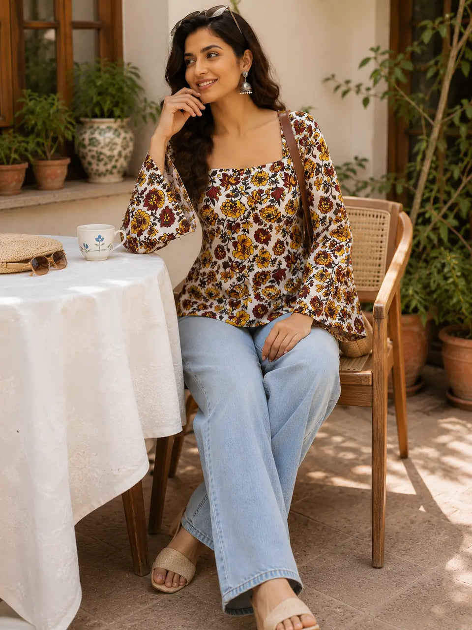 Rabric women's cotton floral print short top with square neck and bell sleeves styled in a relaxed cafe lifestyle setting