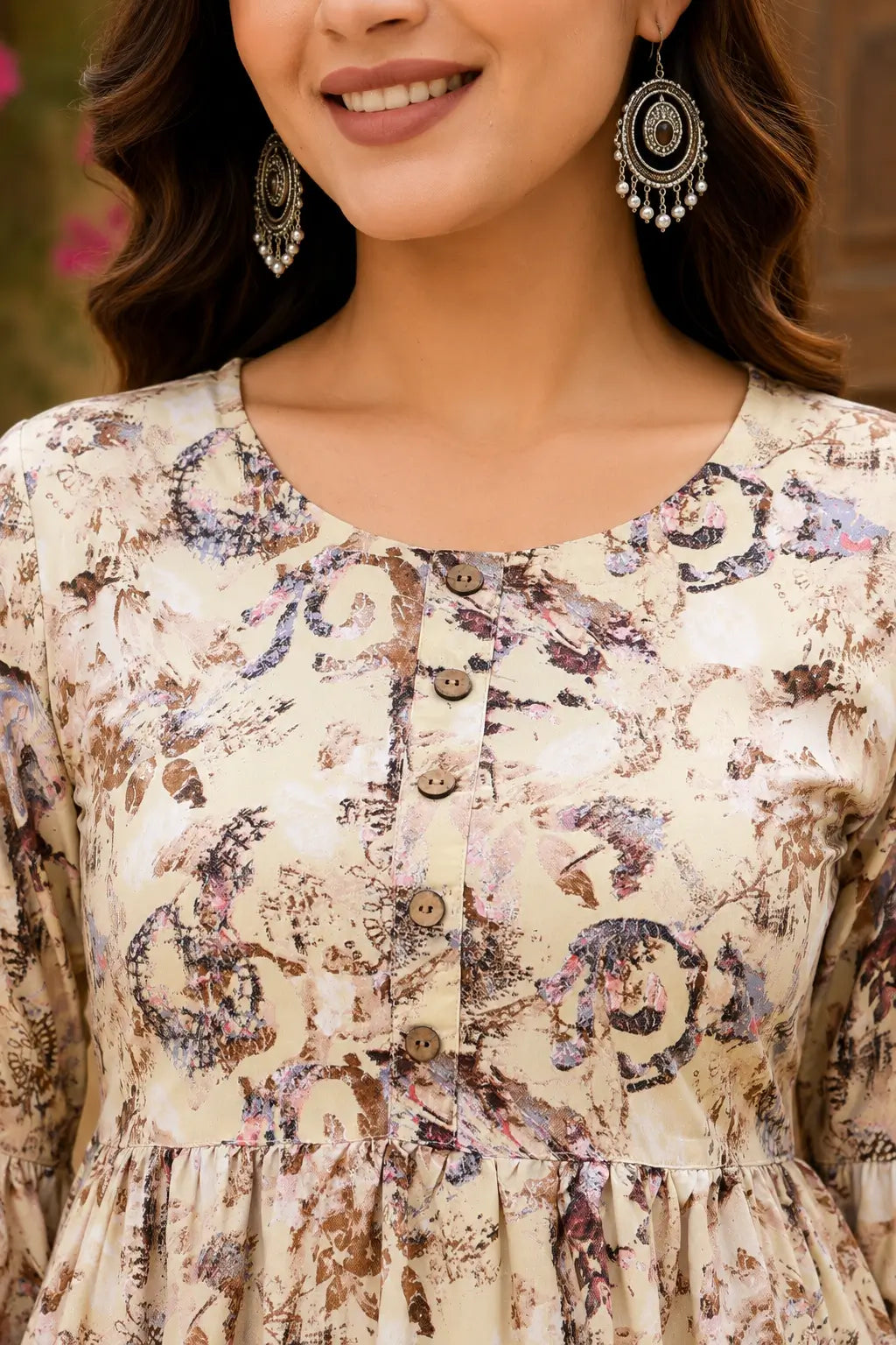 Close up of round neck button detailing on women cotton printed short top by Rabric