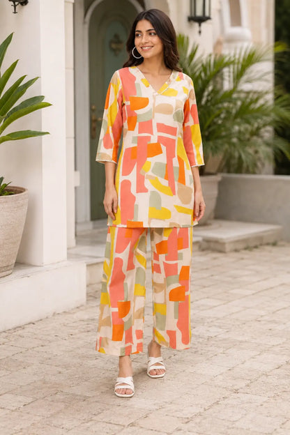 Rabric cream beige cotton co-ord set for women with coral peach orange yellow sage green abstract geometric print, V-neck 3-4 sleeves front view