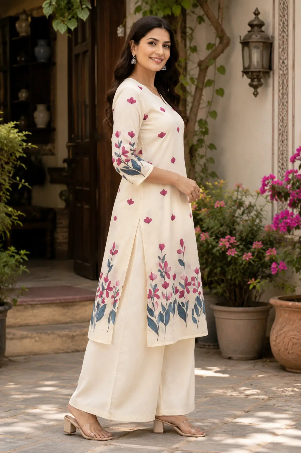 Side angle of Rabric cream cotton A-line floral kurti with matching palazzo for women ethnic fashion
