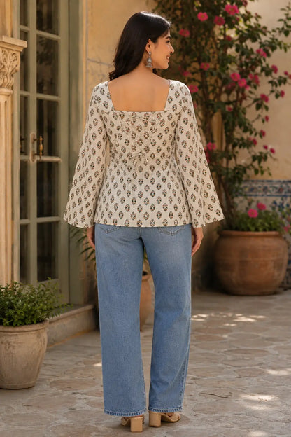 Rabric cream cotton floral print short top back view with stylish dori design and square back neck