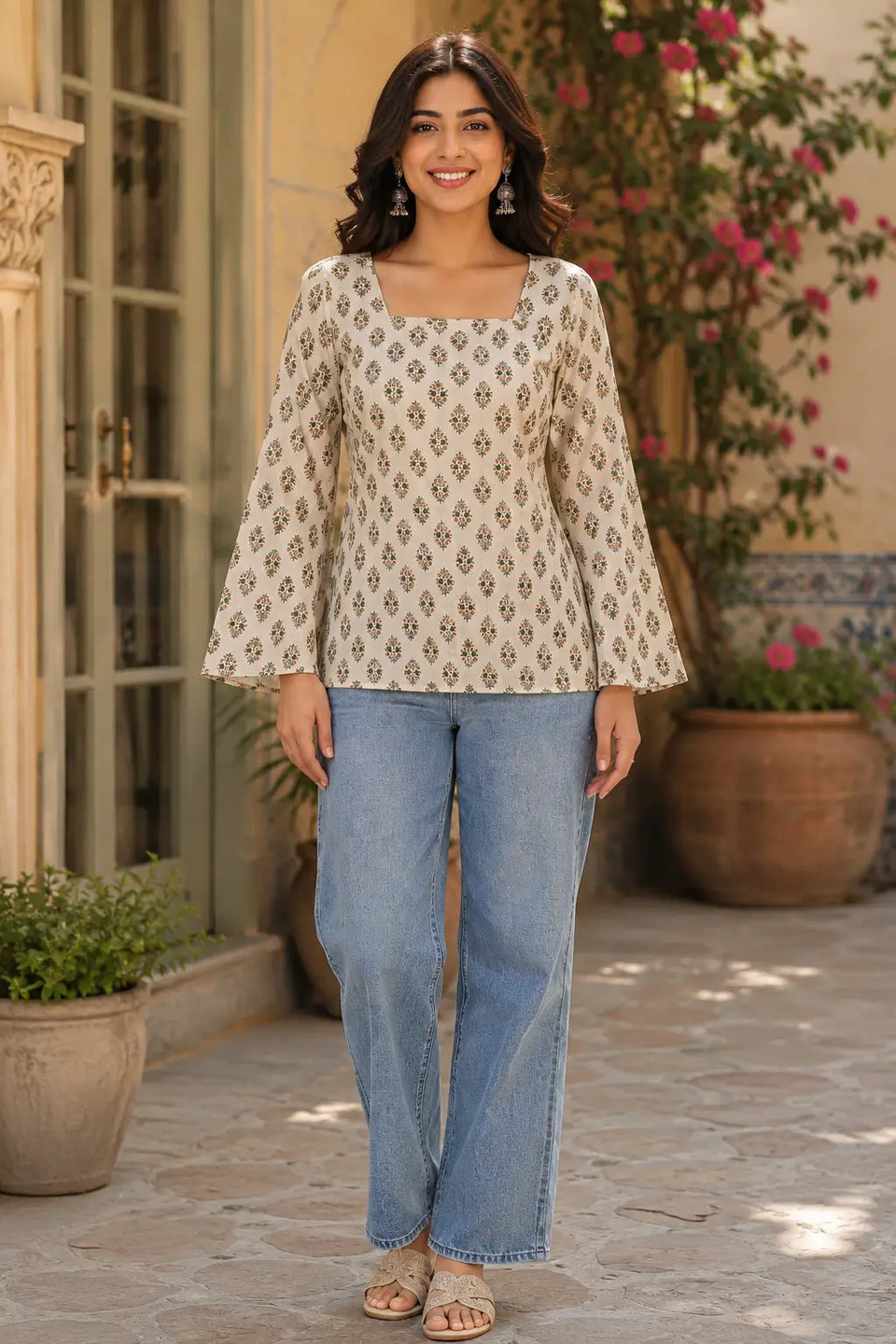 Rabric cream cotton floral print square neck short top for women front view with full bell sleeves