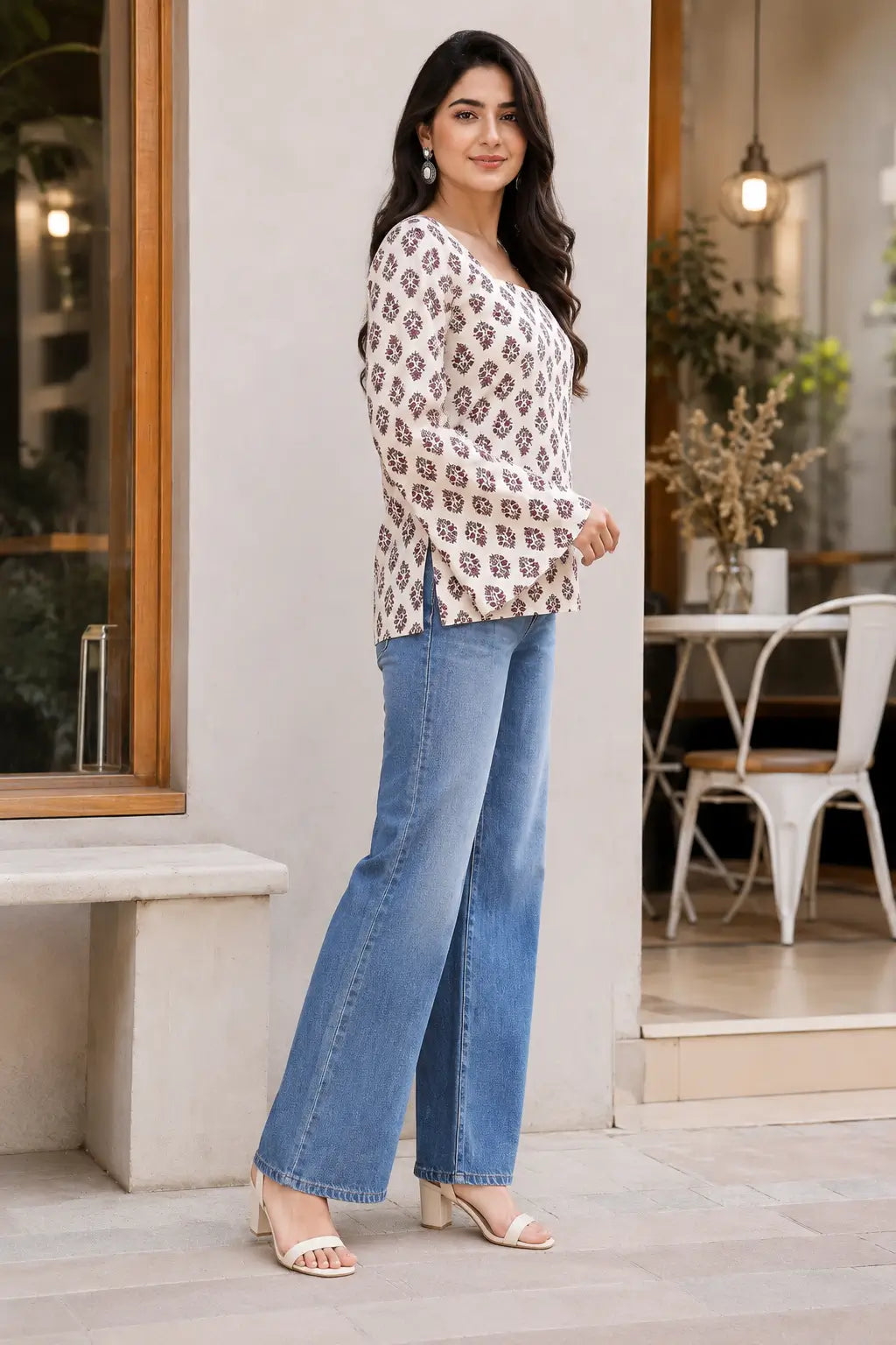 Side angle of Rabric cream cotton floral printed short top with square neck, full bell sleeves and stylish hip length fit