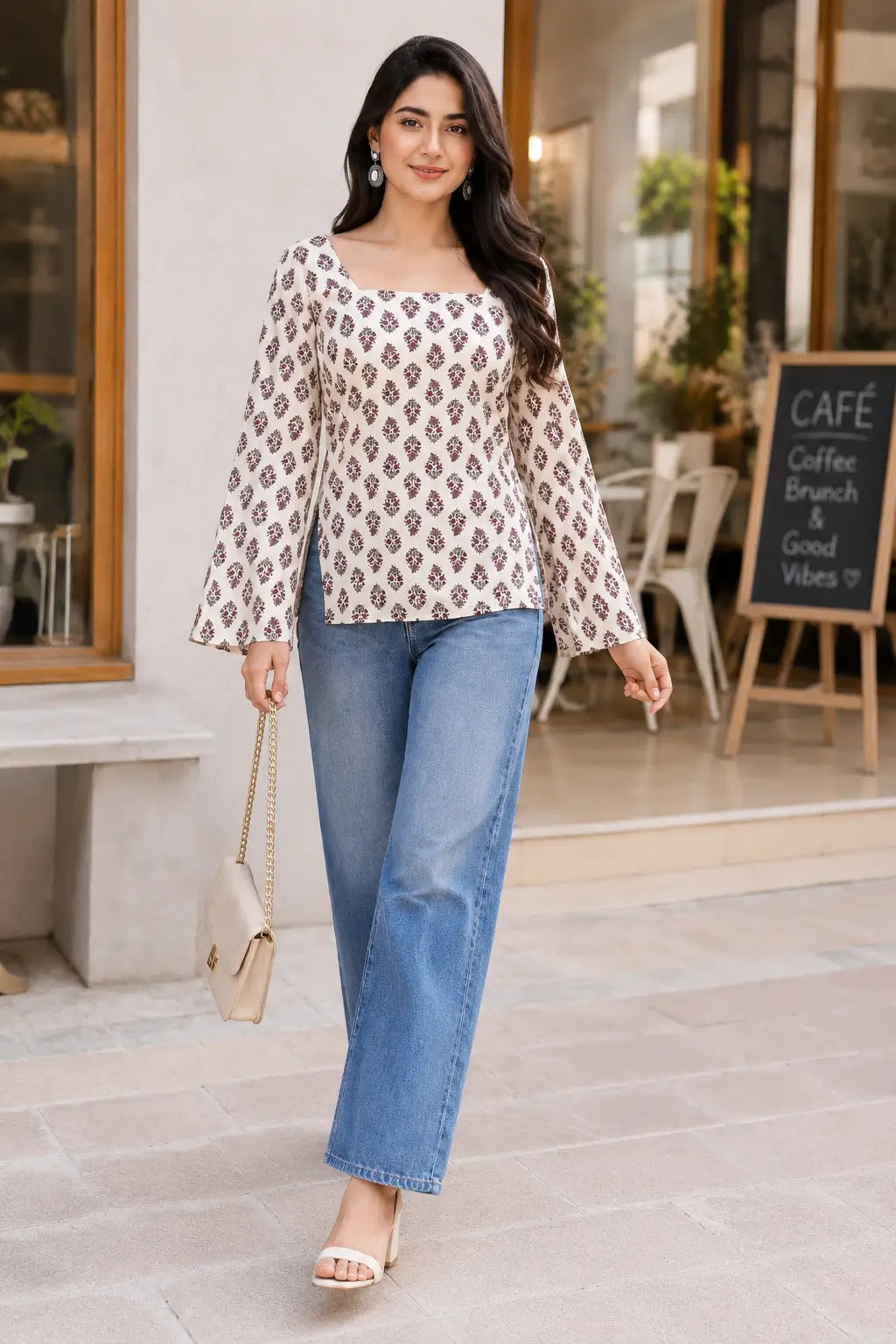 Rabric cream cotton floral print short top for women, Gen Z casual wear style with square neck and bell sleeves