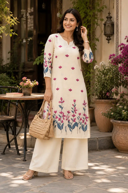 Woman wearing Rabric cream cotton floral kurti with palazzo in stylish lifestyle outdoor setting