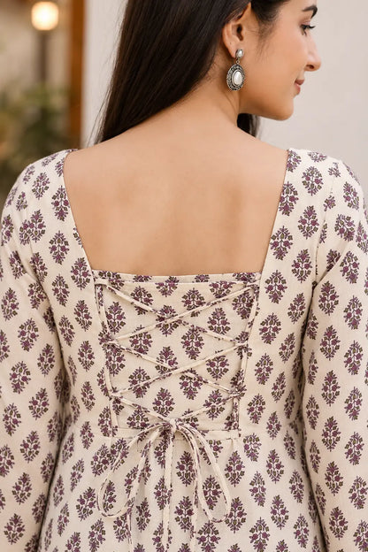 Rabric cream cotton floral print short top back dori lace up design closeup with stylish square back neckline