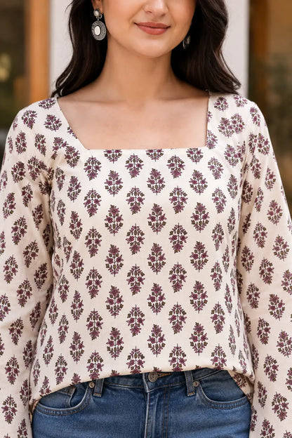 Rabric cream cotton purple floral print short top showing stylish flair, square neckline and full bell sleeve design