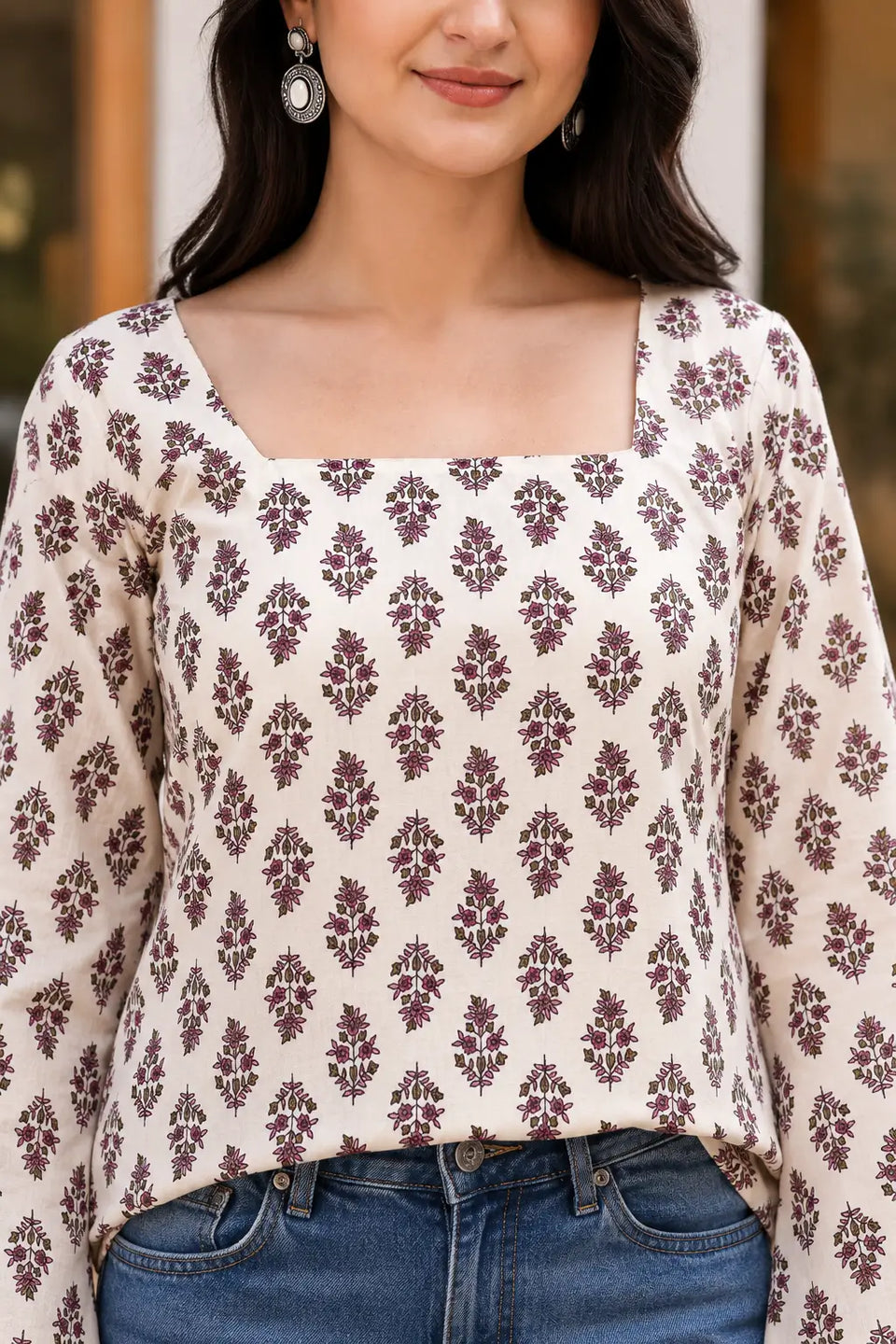 Rabric cream cotton purple floral print short top showing stylish flair, square neckline and full bell sleeve design