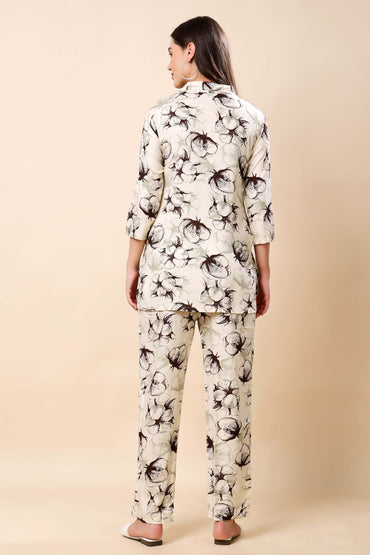 Back view of Rabric cream floral printed co-ord set for women
