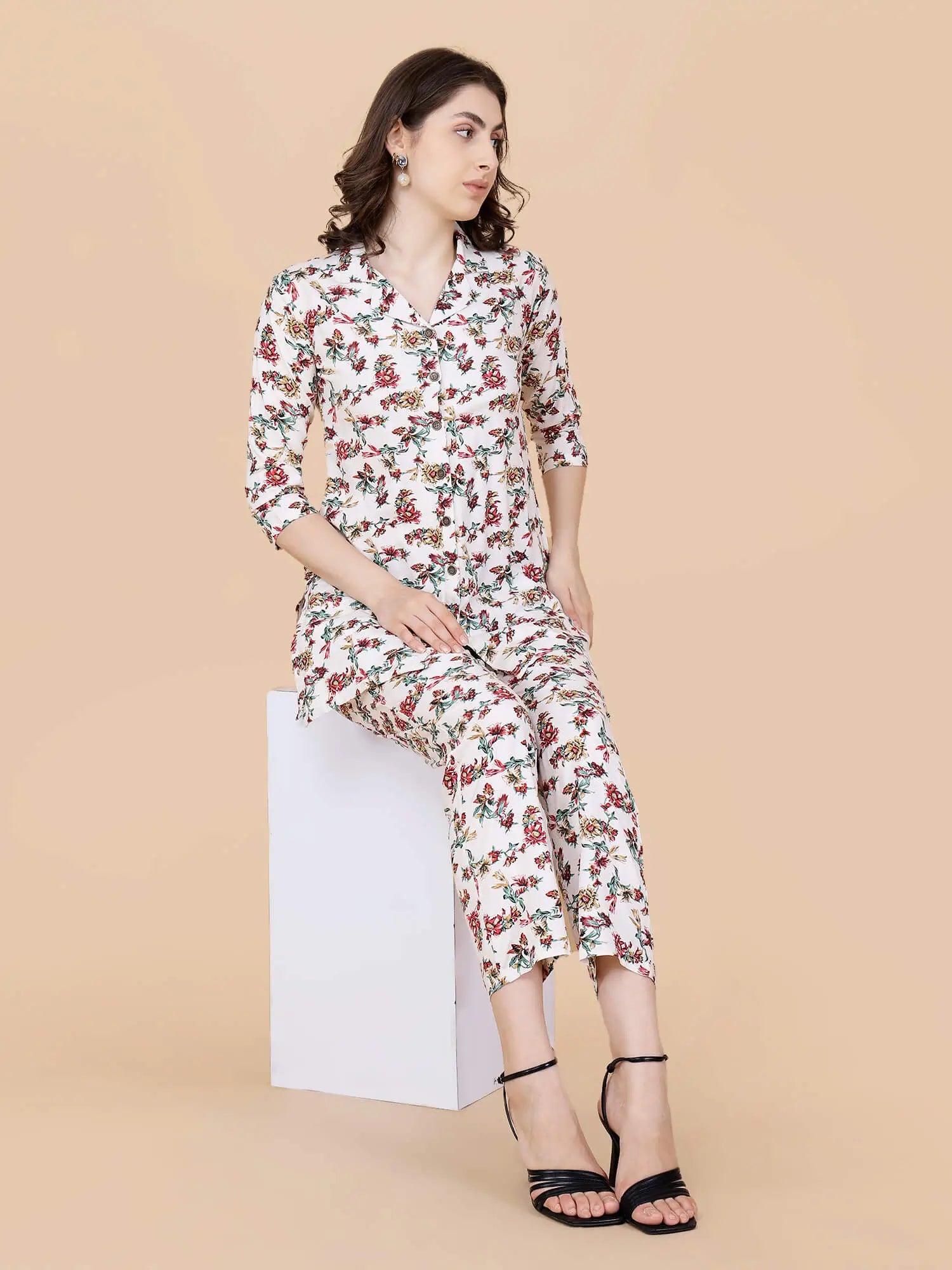 Lifestyle Look Wearing Rabric Cream Floral Co-ord Set for Women