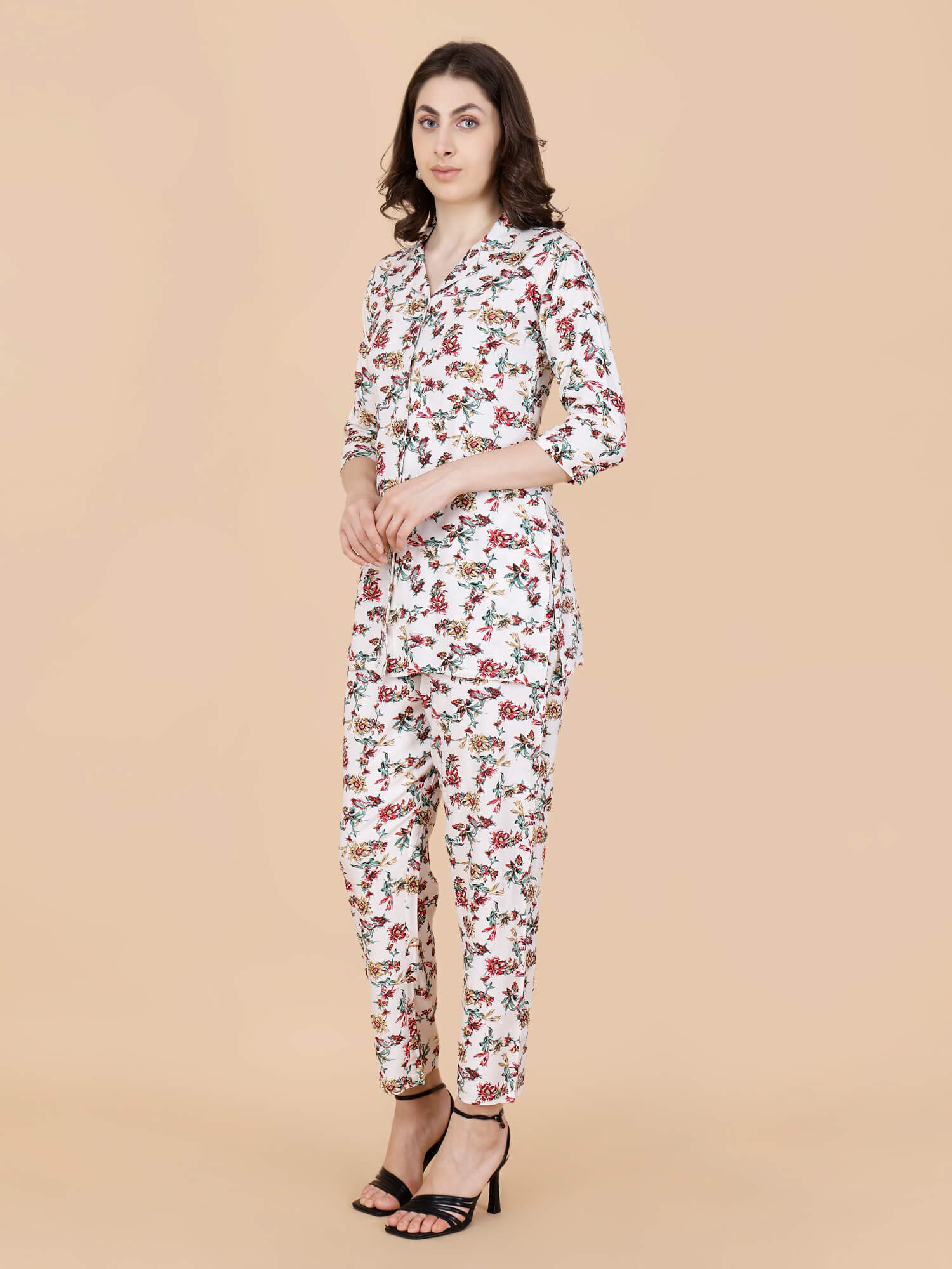 Top View of Rabric Cream Floral Rayon Co-ord Set