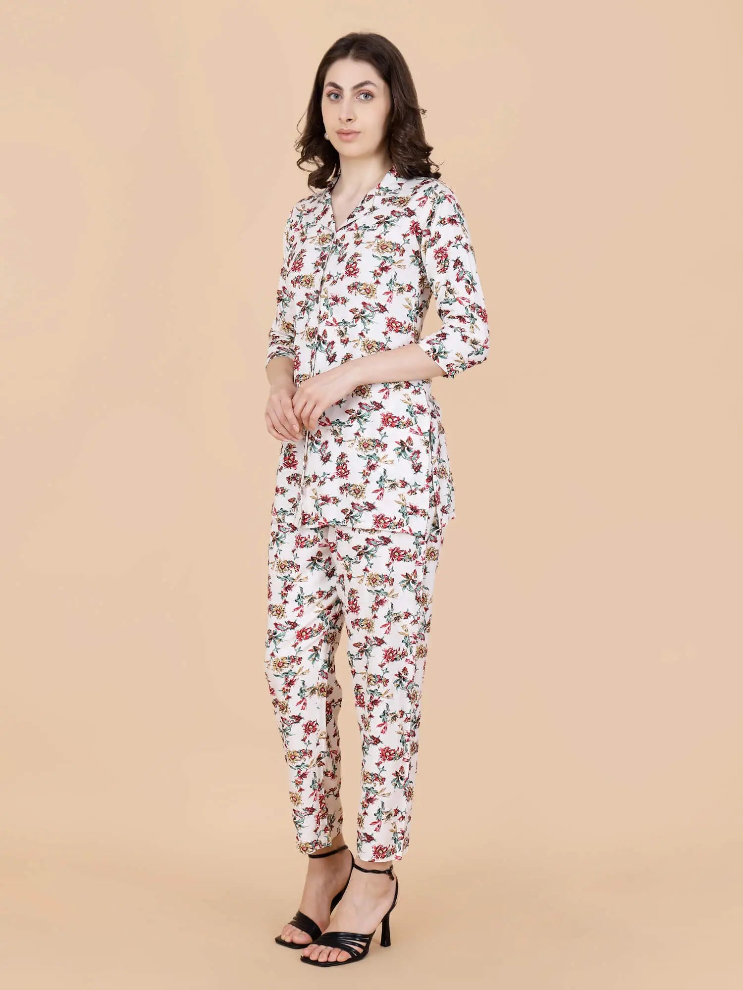 Full Outfit View – Rabric Cream Floral Printed Rayon Co-ord Set
