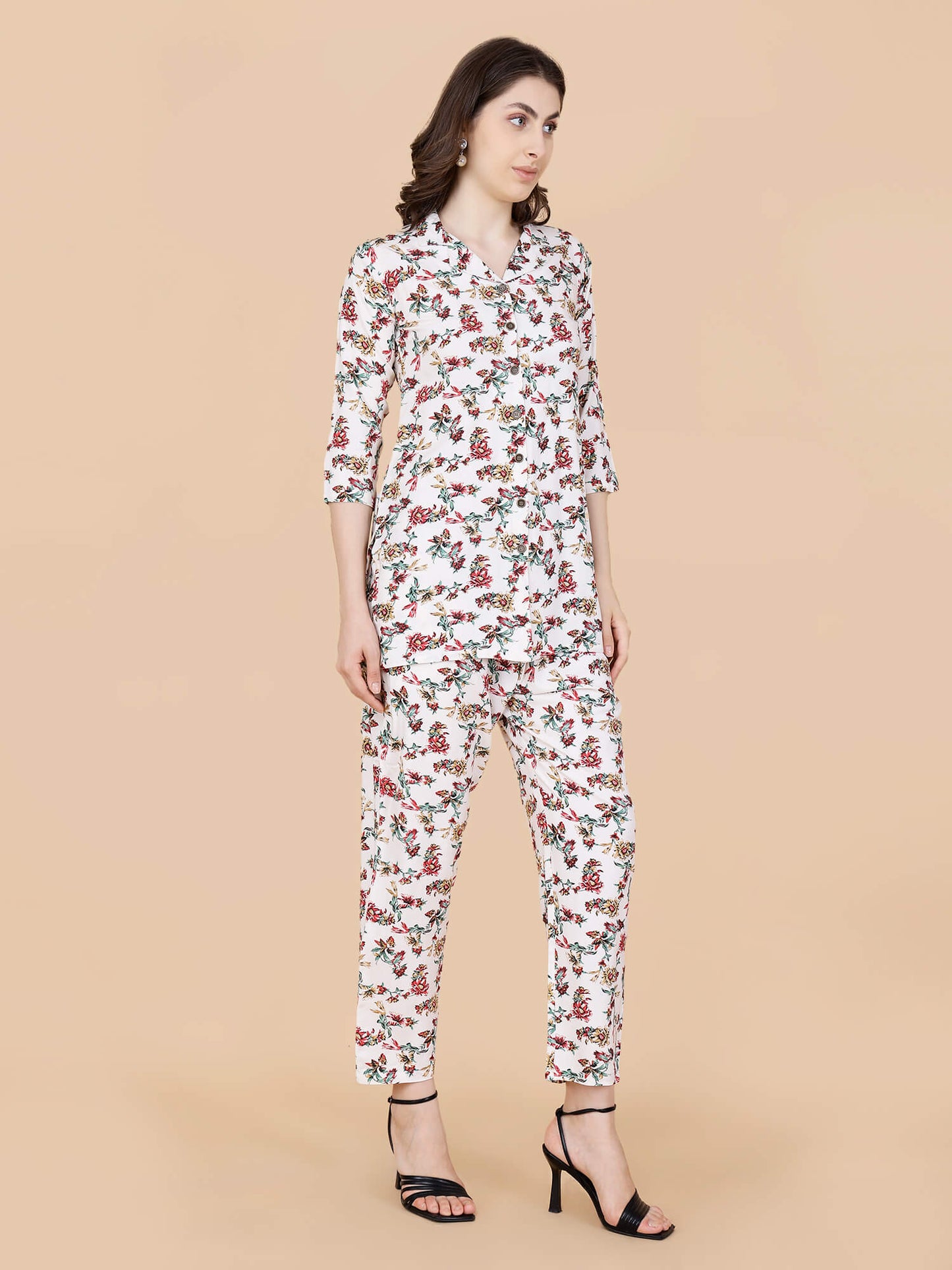 Lifestyle Look Wearing Rabric Cream Floral Co-ord Set for Women