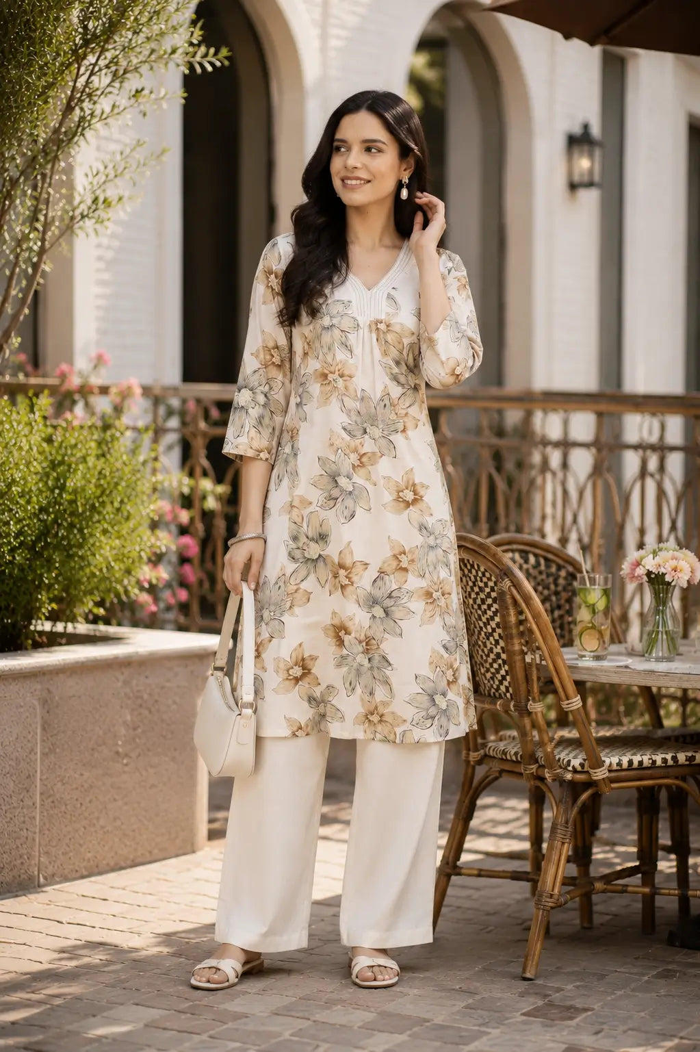 Lifestyle fashion image of Rabric cream floral printed Vertican Silk co-ord set for modern women summer fashion styling.