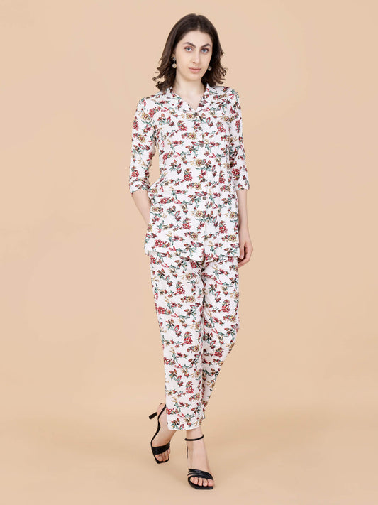 Rabric Cream Floral Printed Rayon Co-ord Set Front View for Women