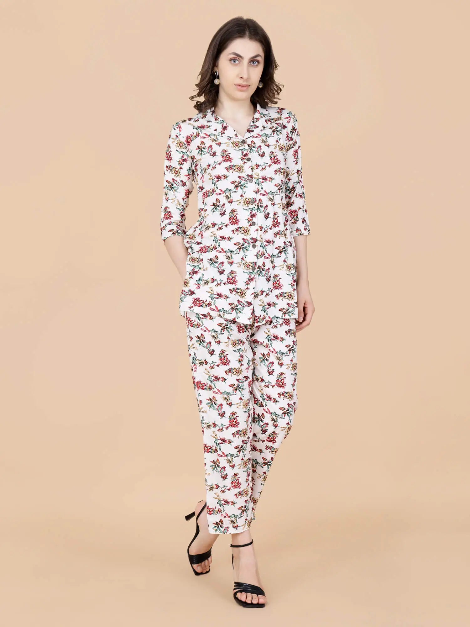 Rabric Cream Floral Printed Rayon Co-ord Set Front View for Women