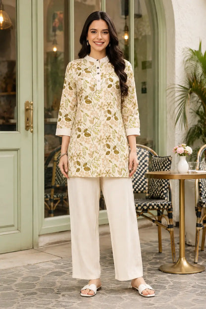Rabric cream floral printed Vertican Silk co-ord set for women featuring short kurti with 3/4 sleeves and ivory palazzo pants front view elegant casual outfit