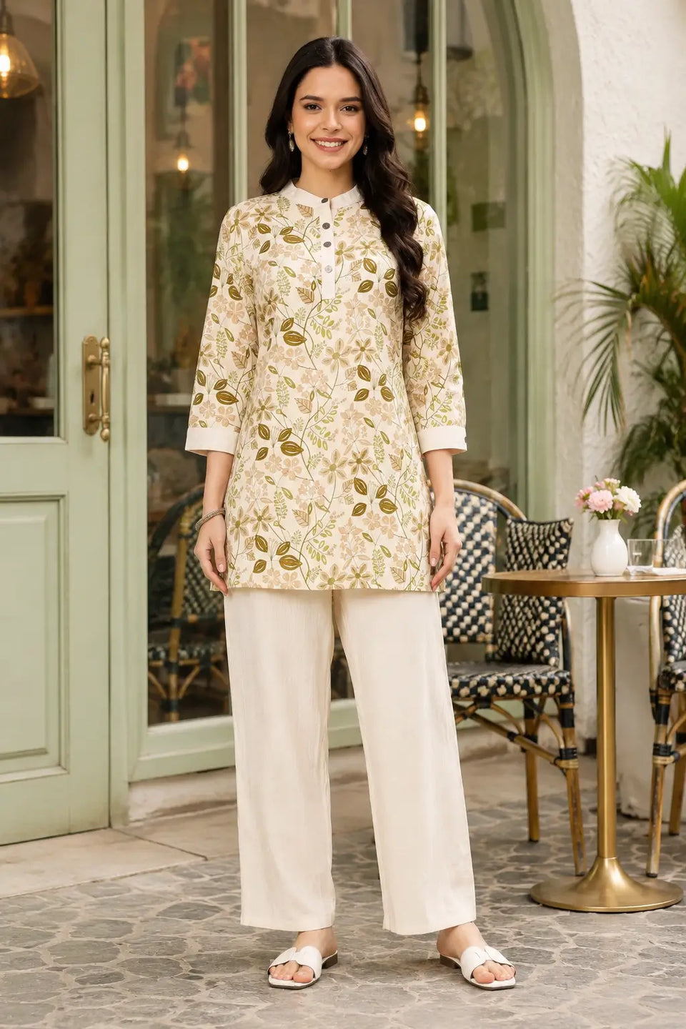 Rabric cream floral printed Vertican Silk co-ord set for women featuring short kurti with 3/4 sleeves and ivory palazzo pants front view elegant casual outfit