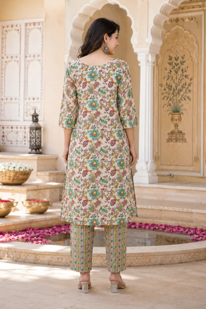 Back view of Rabric cream multicolor floral cotton kurta pant set for women with 3-4 sleeves and straight fit ethnic outfit