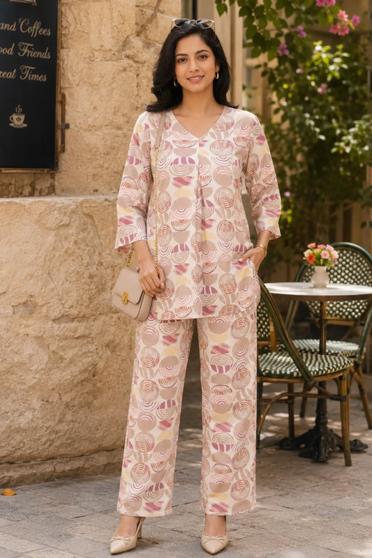 Rabric cream pink rayon printed co-ord set for women with V-neck tunic top, 3/4 sleeves and matching pants for casual wear