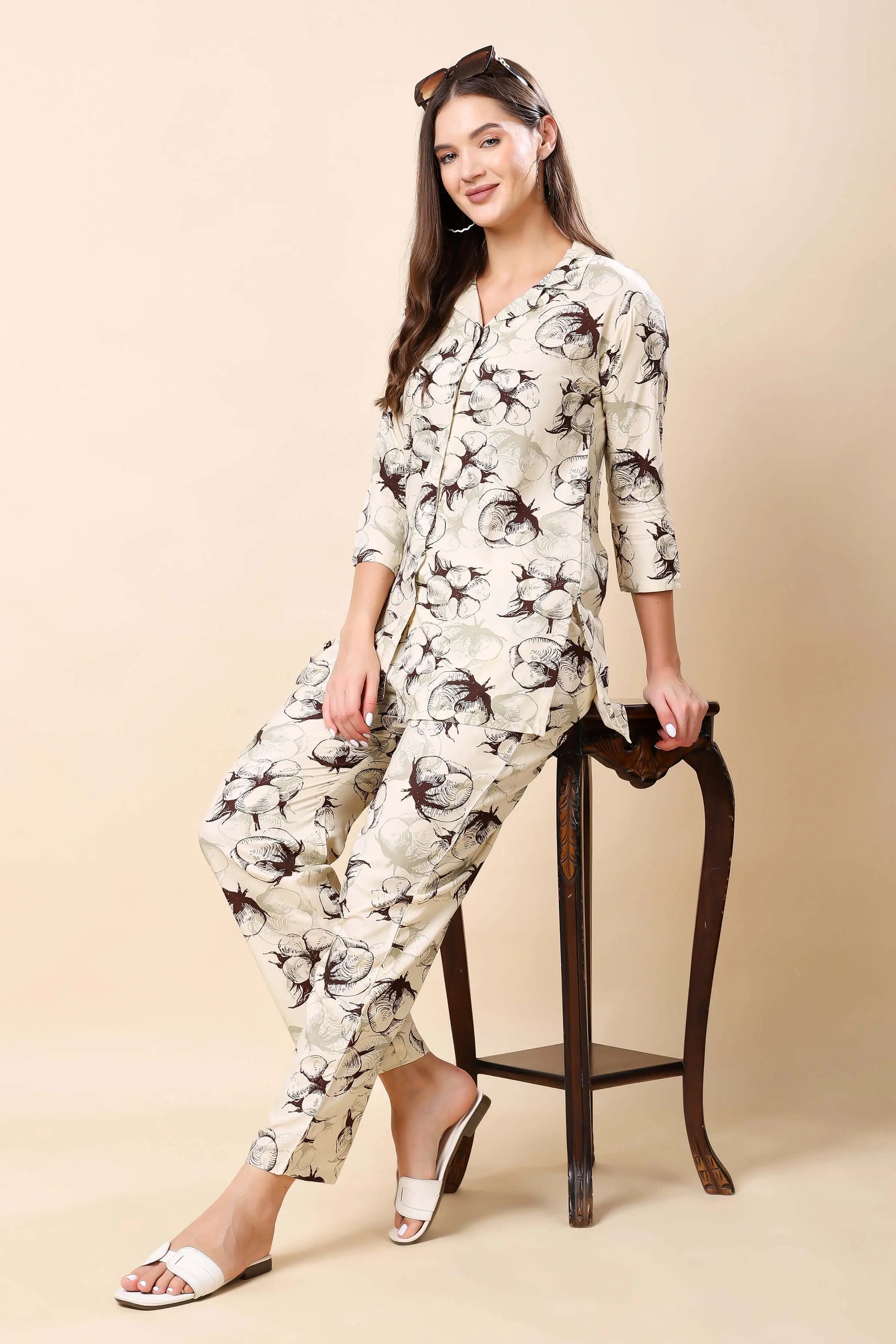 Rabric cream floral rayon co-ord set perfect for travel and lounging
