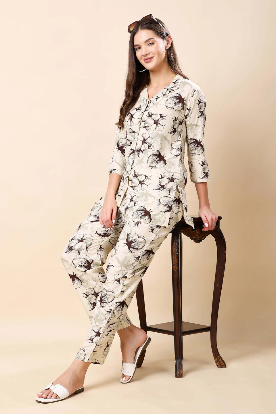 Rabric cream floral rayon co-ord set perfect for travel and lounging