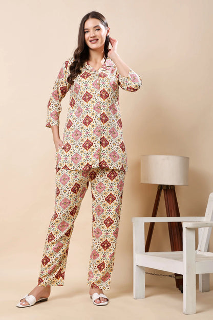 Woman wearing Rabric cream printed rayon co-ord set front view