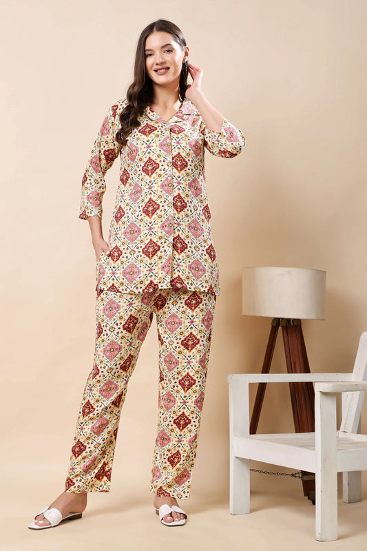 Woman wearing Rabric cream printed rayon co-ord set front view