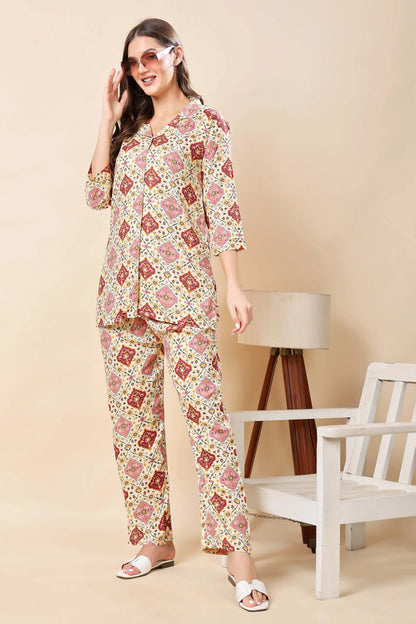 Ethnic printed two-piece co-ord set in cream by Rabric design