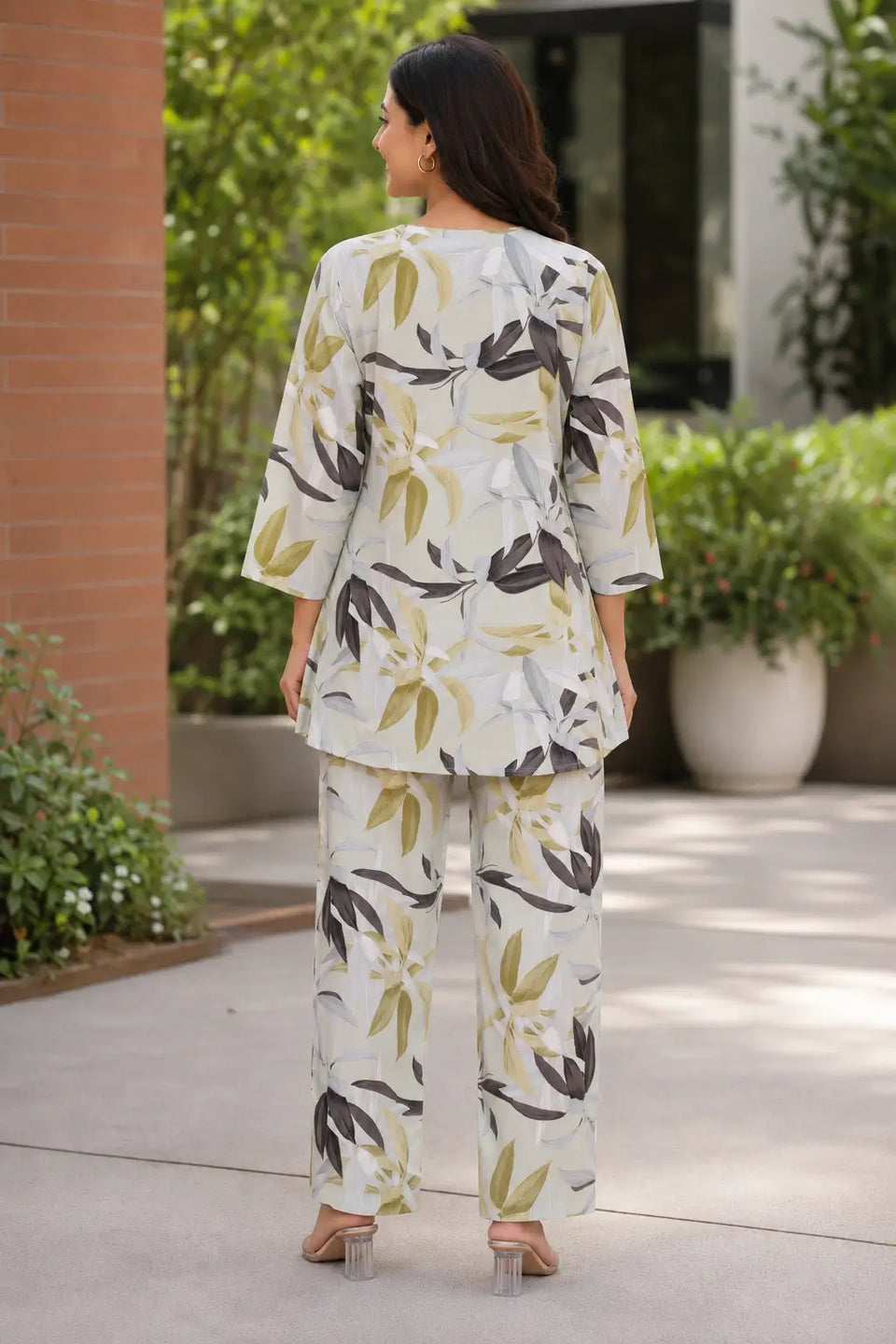 Back view of Rabric cream rayon botanical leaf print co-ord set for women with relaxed tunic top and matching pants