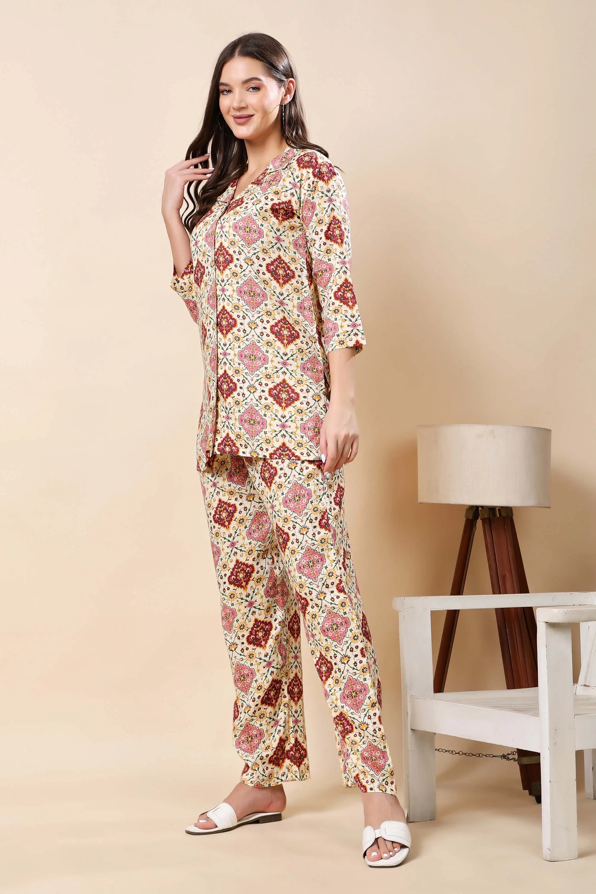 Side view of cream printed rayon co-ord set by Rabric