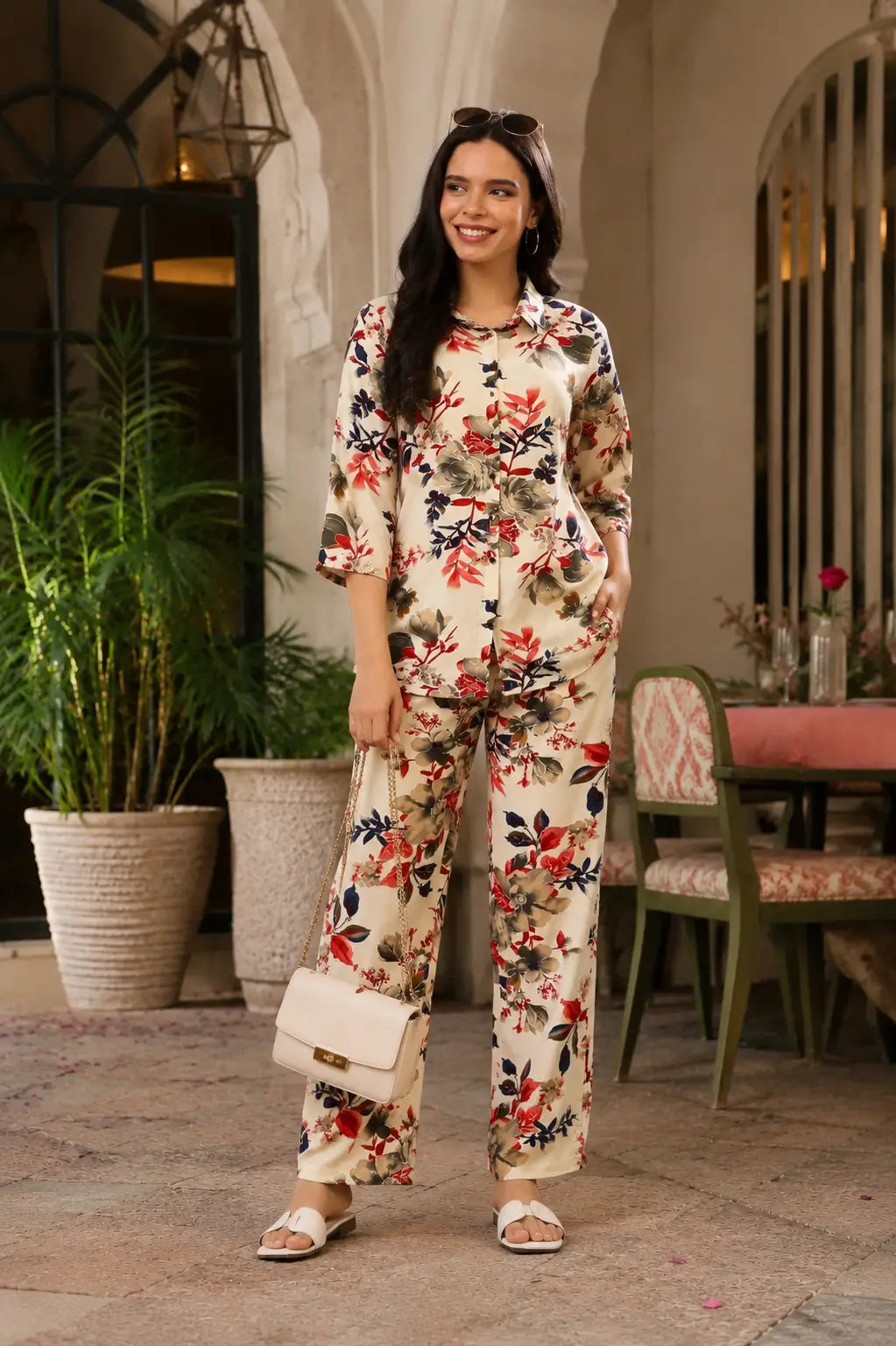 Rabric cream rayon floral print women co-ord set styled for casual date night and elegant lifestyle fashion