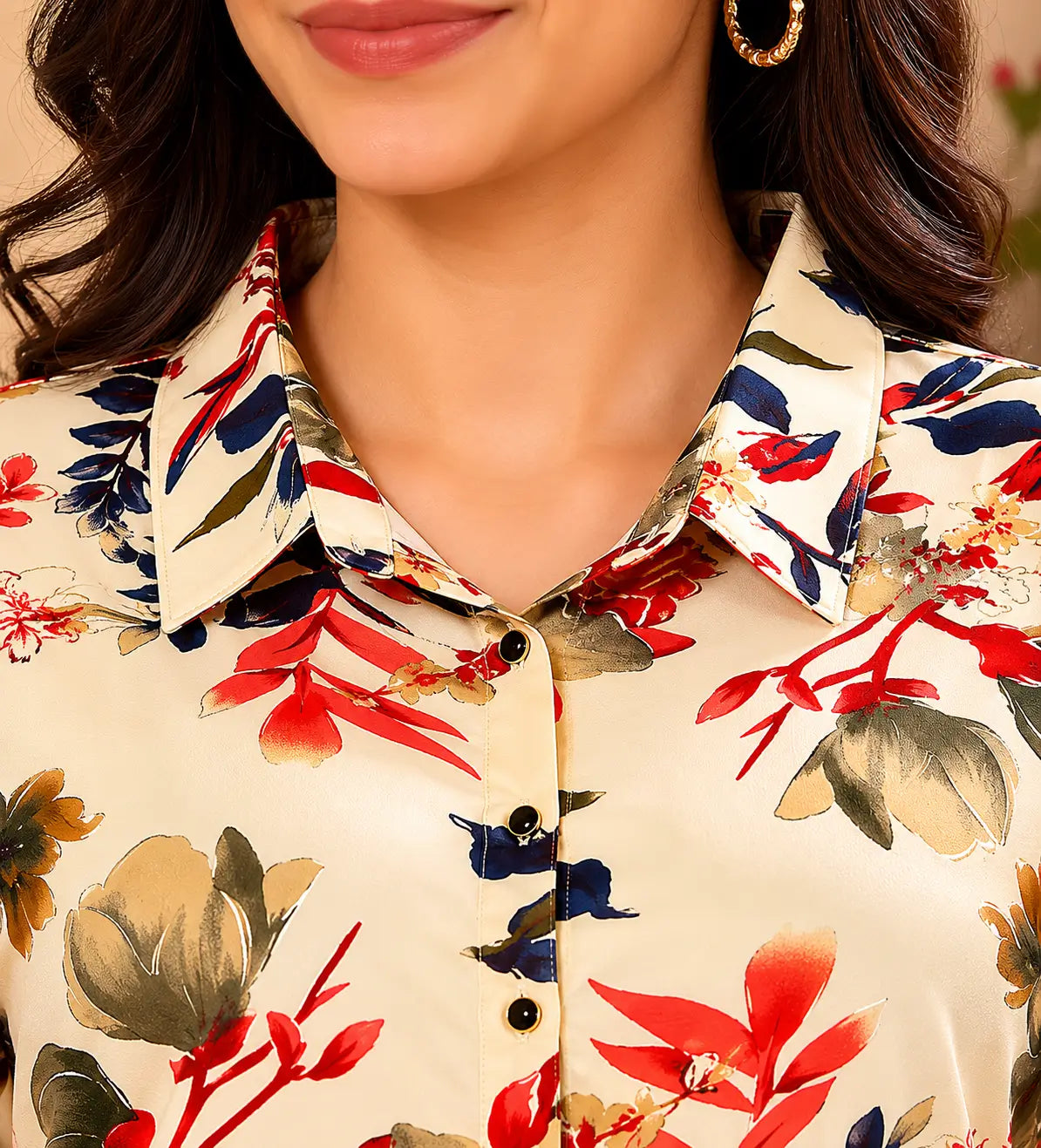Close-up of Rabric cream rayon floral print shirt collar neckline and button detailing for women co-ord set