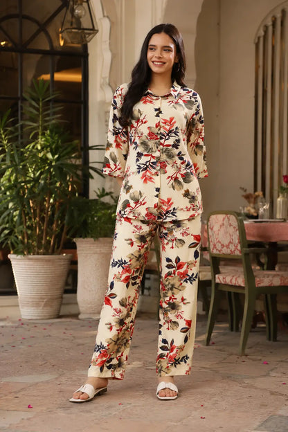 Rabric cream rayon floral print women co-ord set front view with short shirt, 3/4 sleeves and relaxed wide leg pants