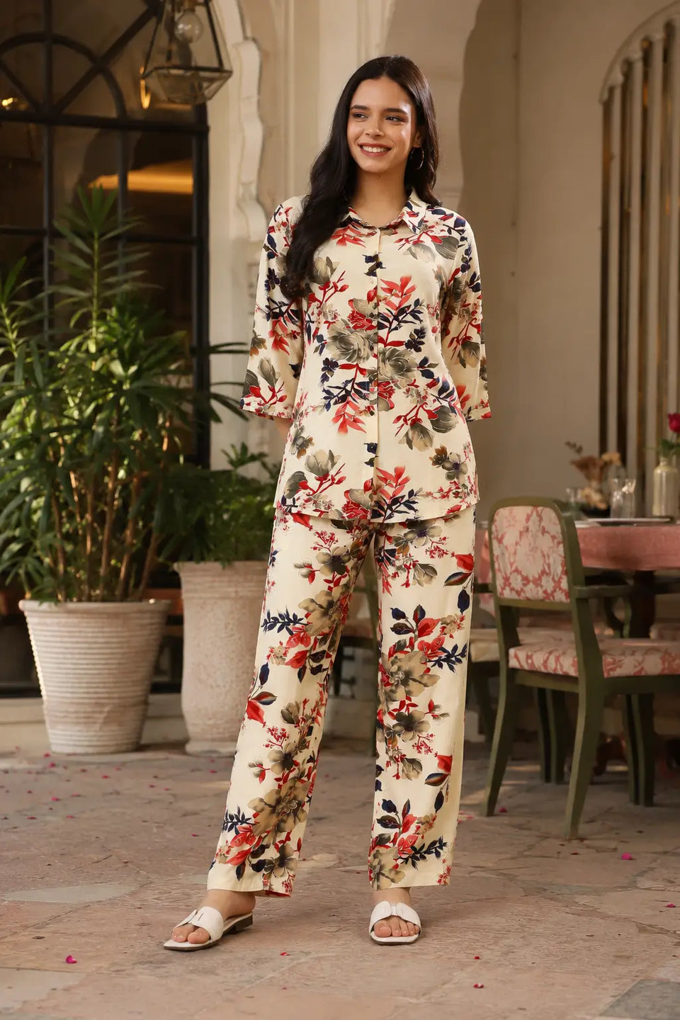Rabric cream rayon floral print women co-ord set front view with short shirt, 3/4 sleeves and relaxed wide leg pants