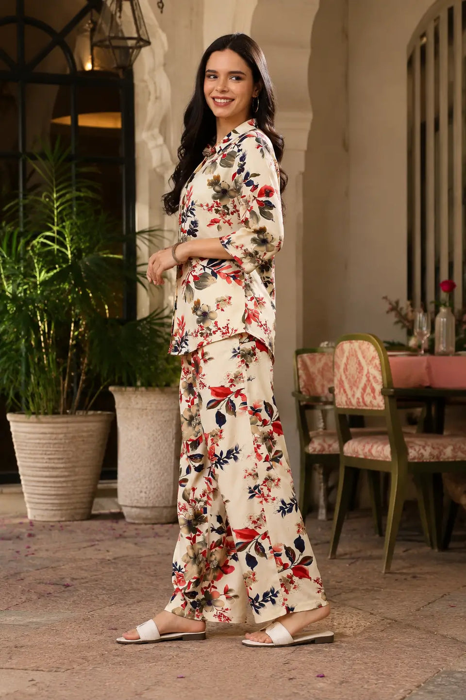 Side angle of Rabric cream rayon floral print casual co-ord set for women with comfortable loose fit silhouette