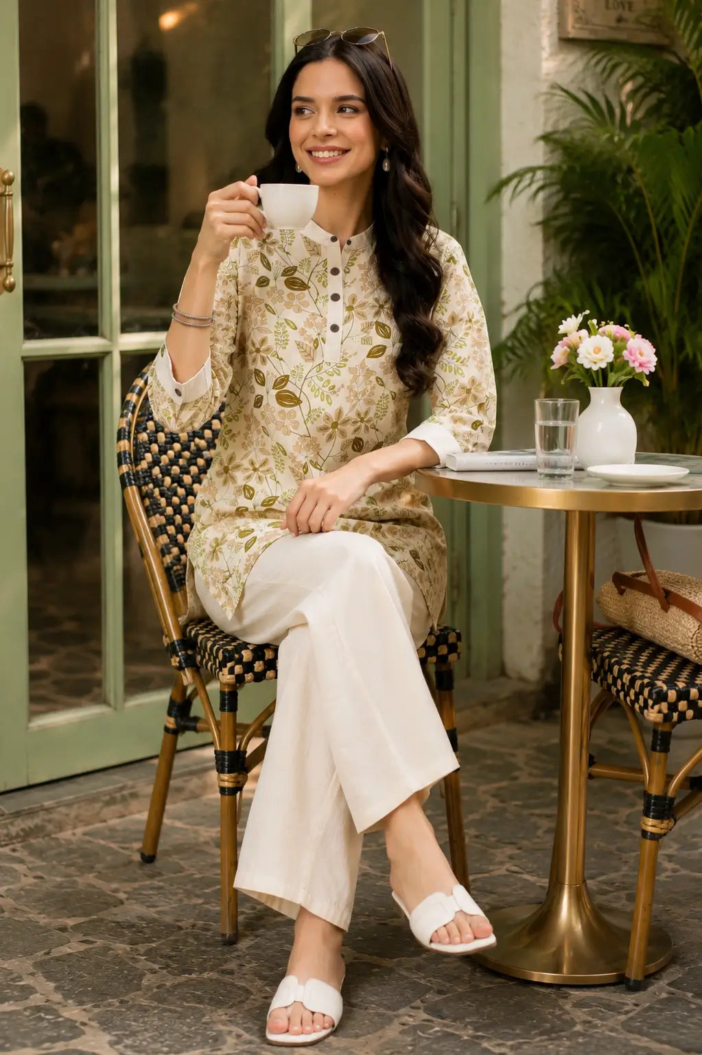 Rabric cream floral Vertican Silk women co-ord set in casual sitting pose featuring soft botanical print and relaxed palazzo pants