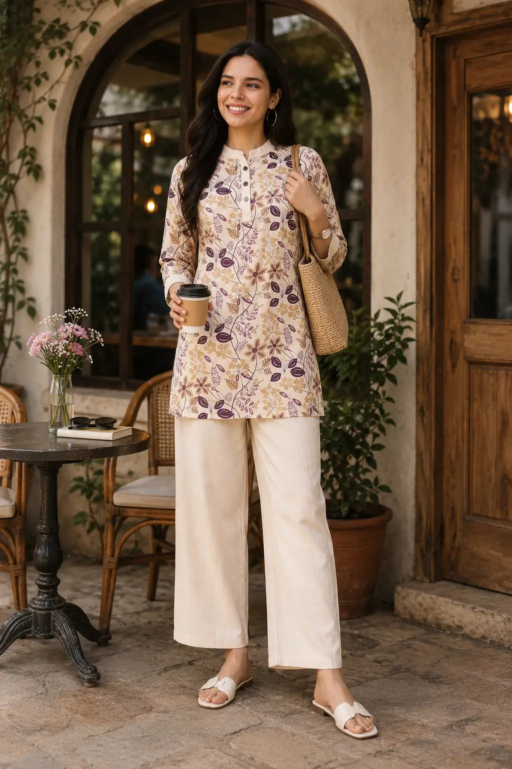 Rabric cream Vertican Silk floral print women co-ord set styled in cafe lifestyle look with casual accessories