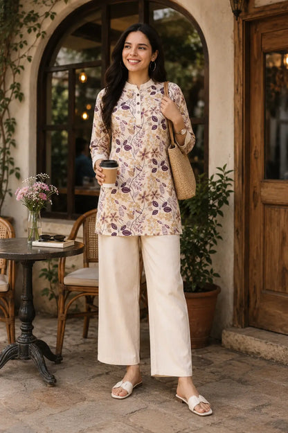 Rabric cream Vertican Silk floral print women co-ord set styled in cafe lifestyle look with casual accessories