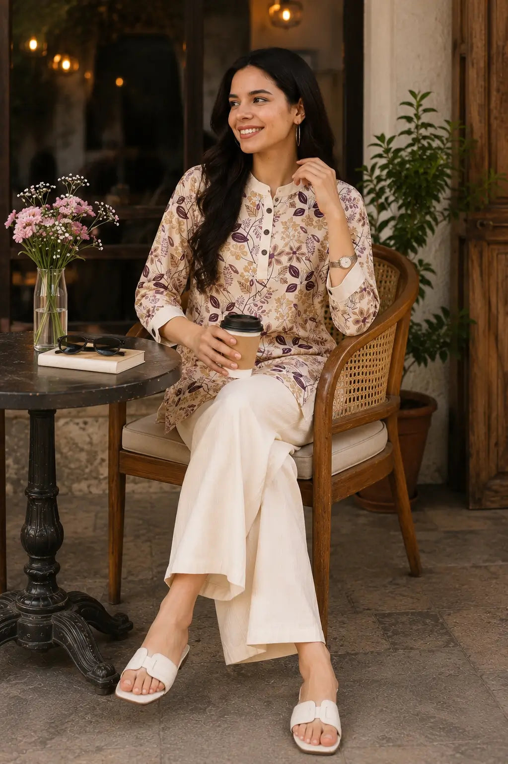 Rabric cream Vertican Silk floral short kurta co-ord set with ivory pants in casual sitting pose with coffee and accessories