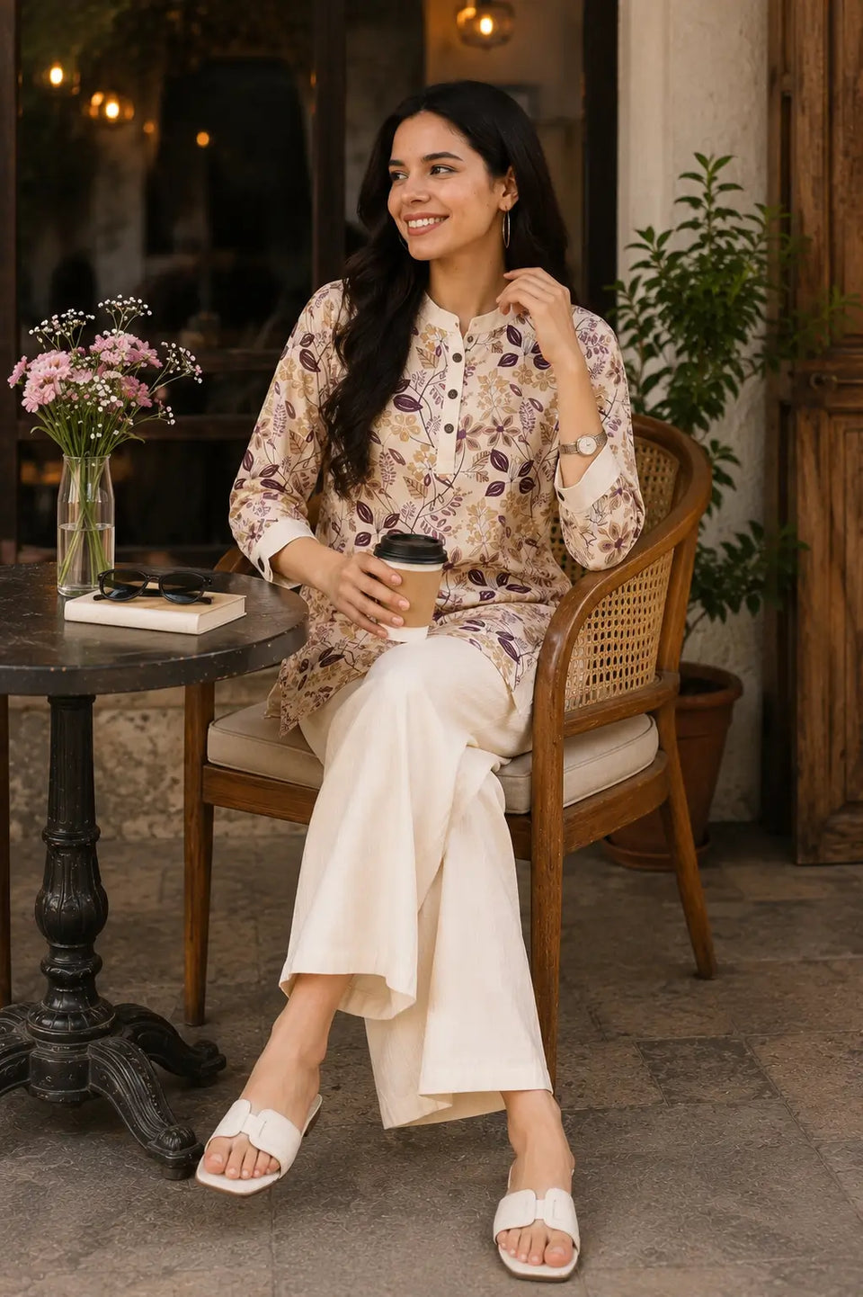 Rabric cream Vertican Silk floral short kurta co-ord set with ivory pants in casual sitting pose with coffee and accessories