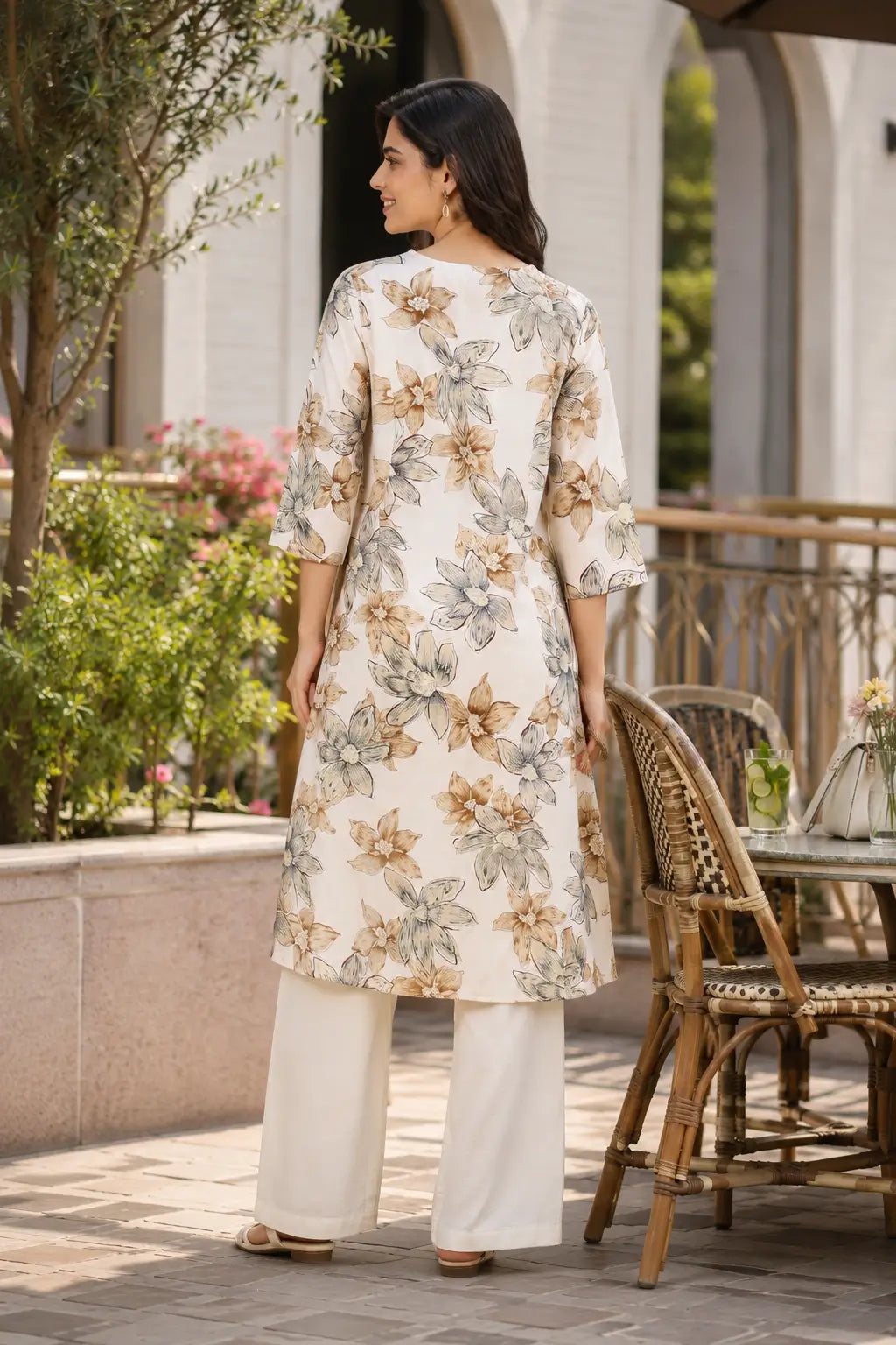 Back view of Rabric cream Vertican Silk floral print co-ord set featuring 3/4 sleeves and relaxed straight fit pants