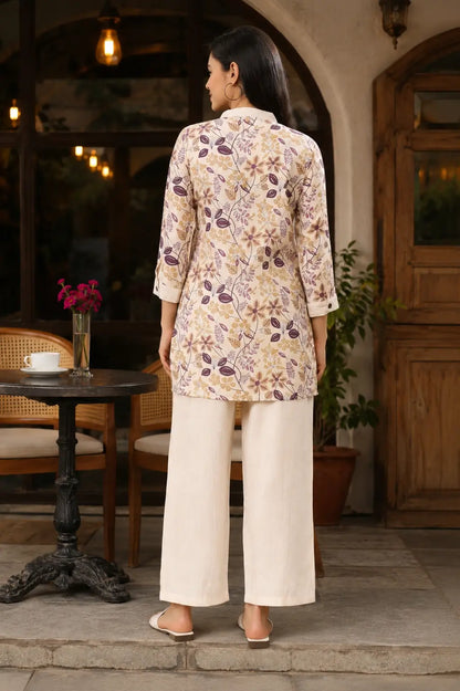 Rabric cream Vertican Silk co-ord set back view with purple mustard floral leaf print and ivory palazzo pants