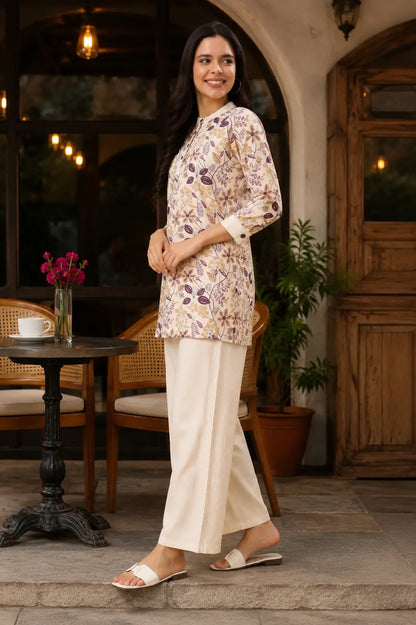 Rabric cream Vertican Silk floral printed short kurta with 3/4 sleeves and wide leg pants side view