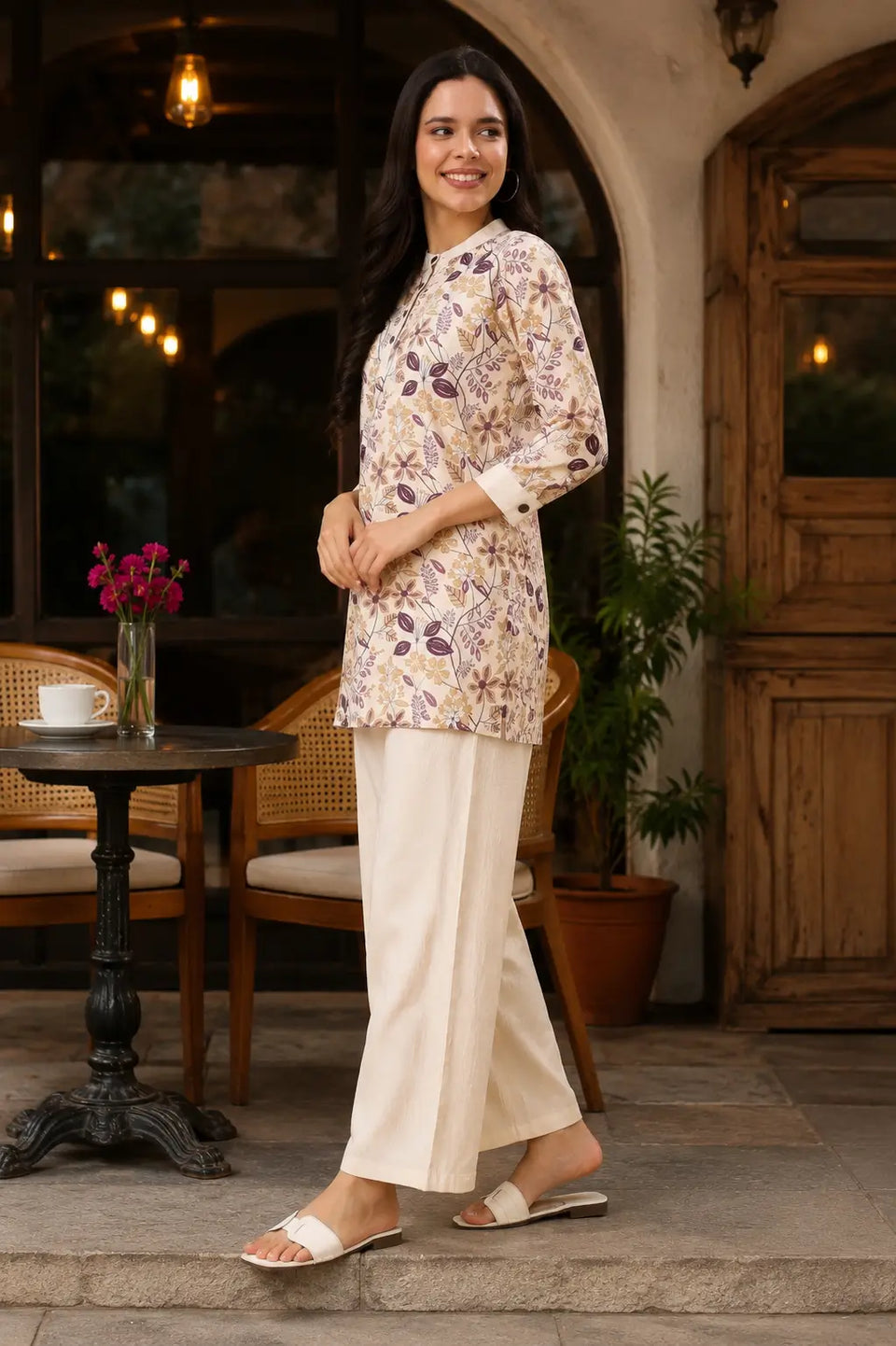 Rabric cream Vertican Silk floral printed short kurta with 3/4 sleeves and wide leg pants side view