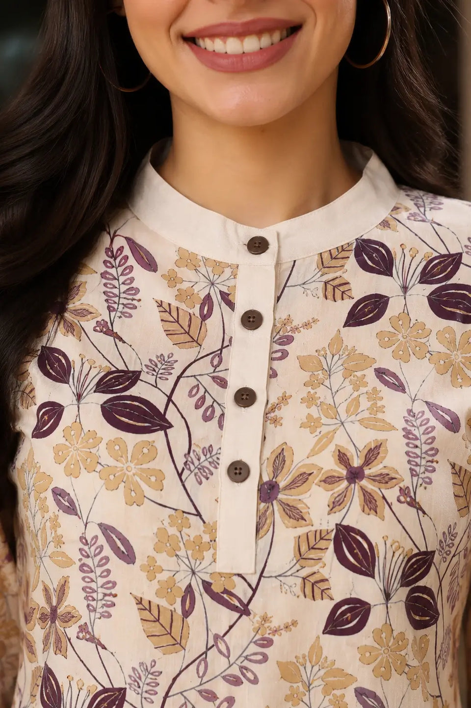 Rabric cream Vertican Silk kurta neck design with mandarin collar, button placket and floral vine print