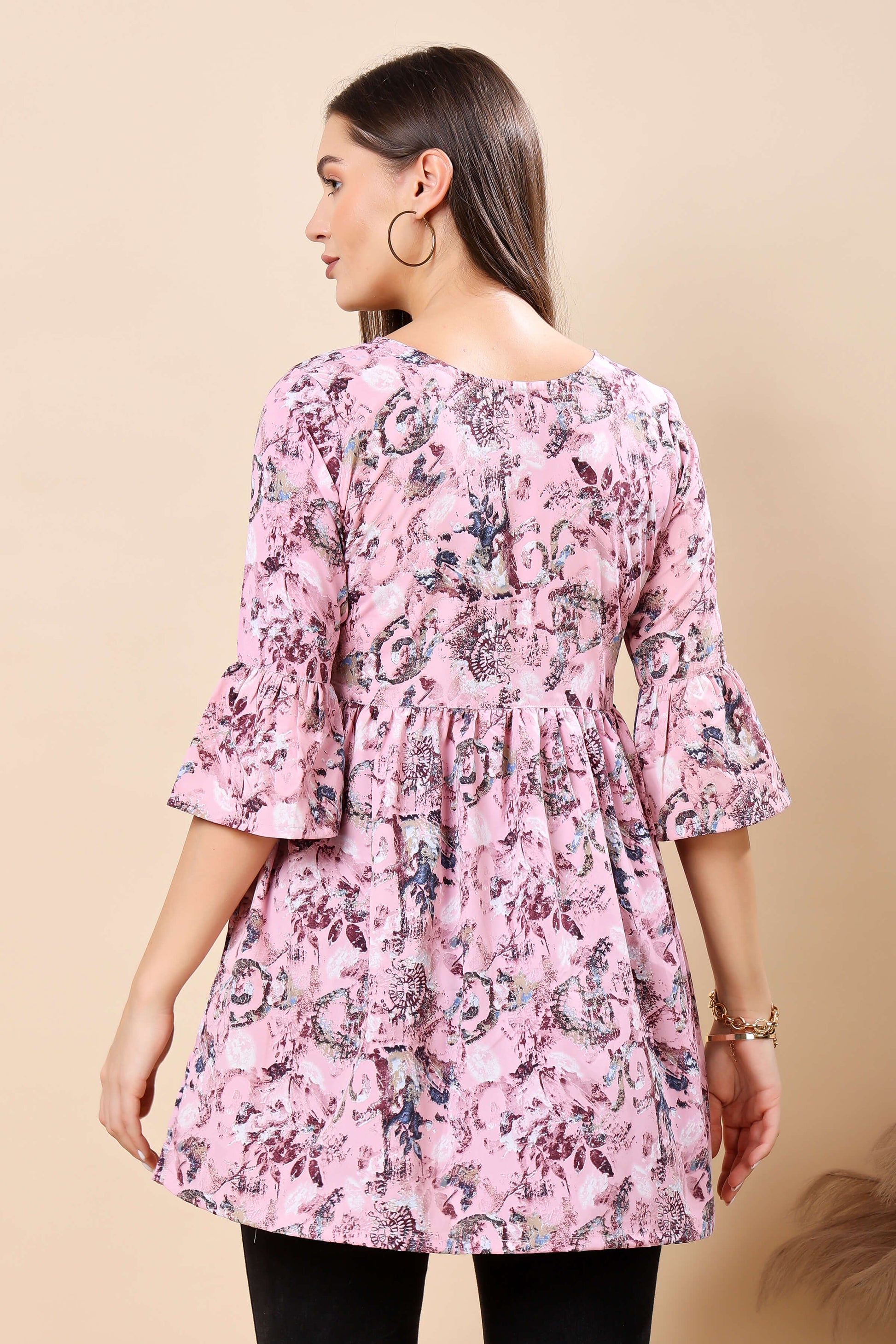 Crepe Fabric Frill Short Kurti in Pink