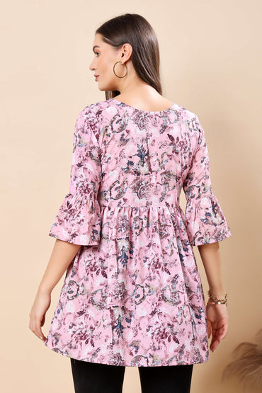 Crepe Fabric Frill Short Kurti in Pink