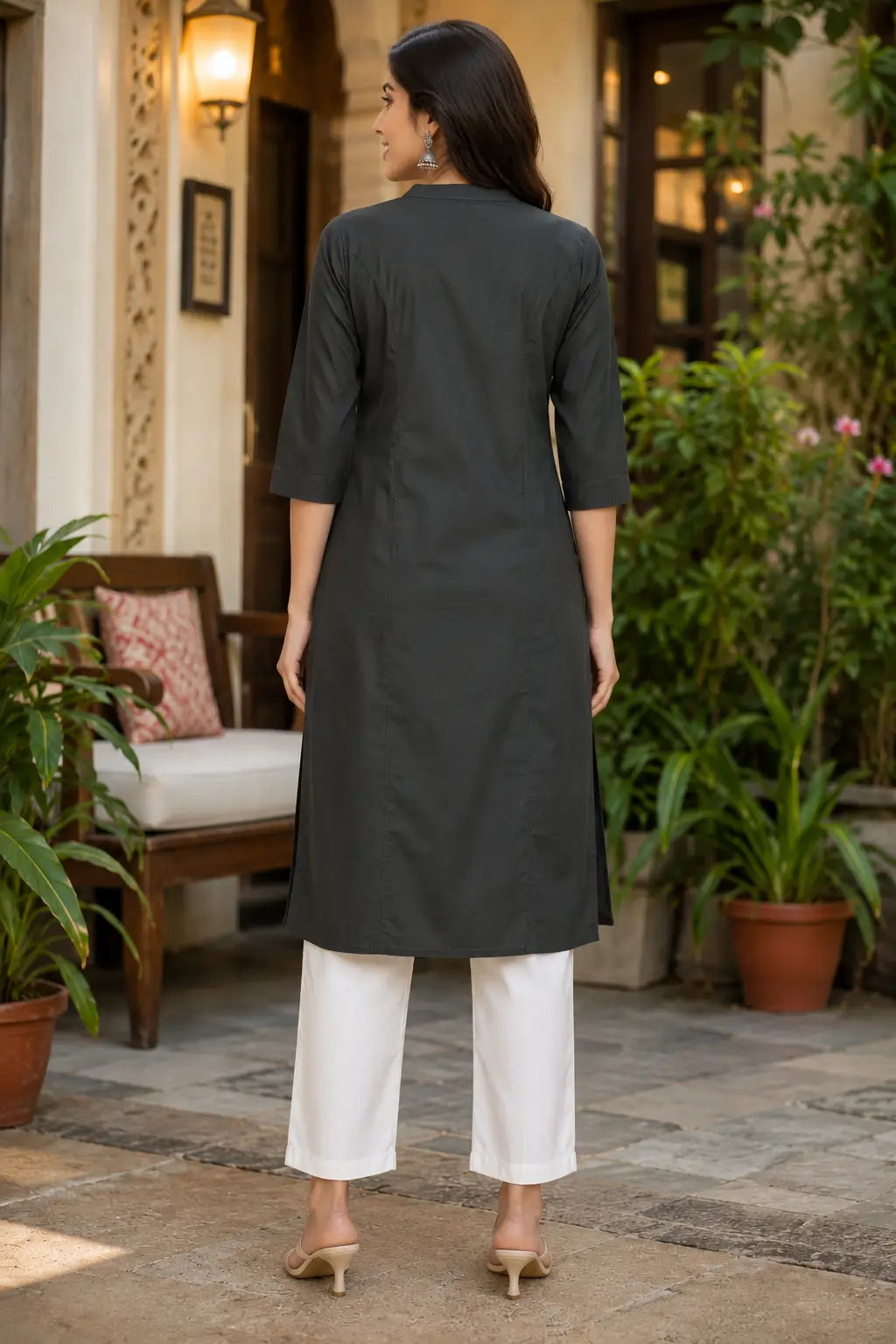 Back side view of Rabric dark charcoal popline cotton women kurti with straight fit and 3/4 sleeves